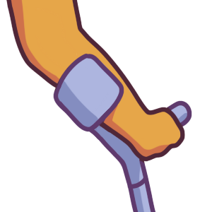 a closeup of an arm holding the handle to a light purple forearm crutch.